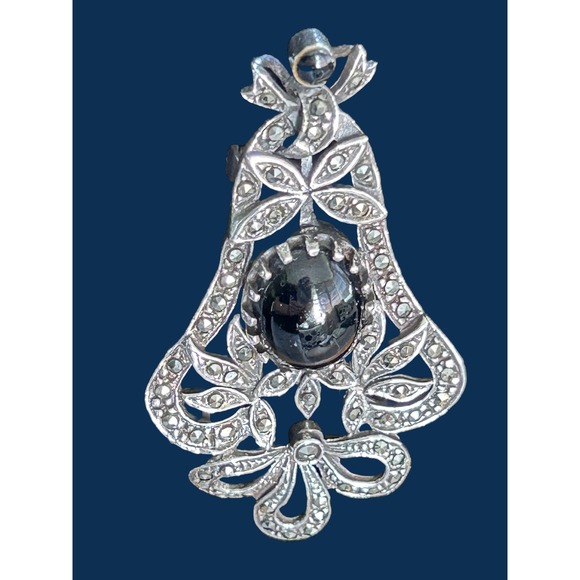 Vintage Sterling Silver Black Onyx And Marcasite Brooch Or Pendant - Picture 7 of 8